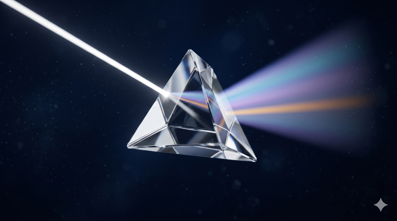 Crystal prism refracting light into a soft spectrum on dark navy