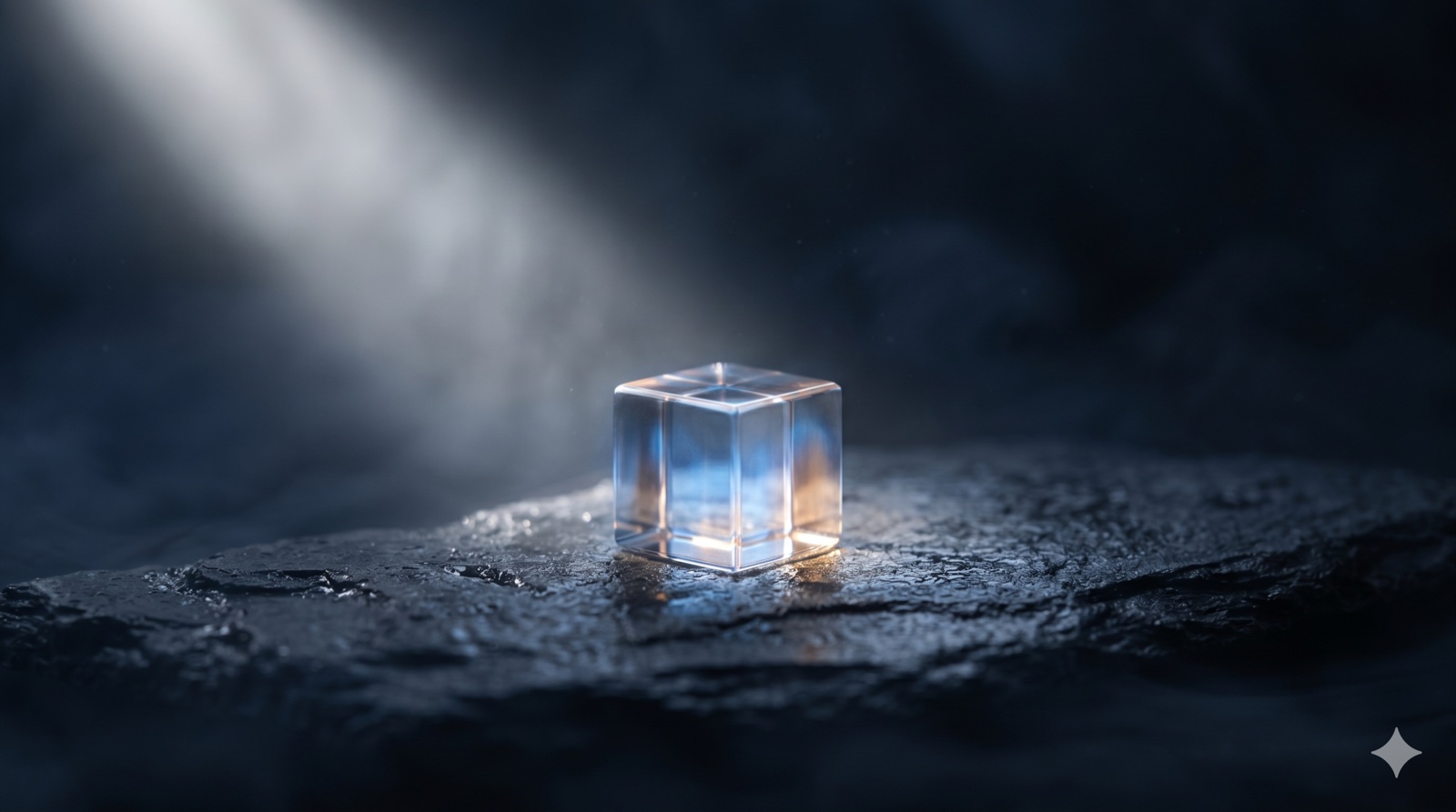A single glowing glass cube illuminated by a spotlight on dark stone