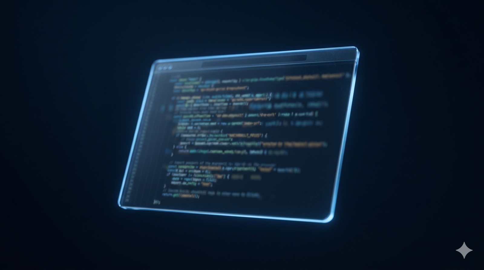 Floating glass browser window with abstract code on dark navy background