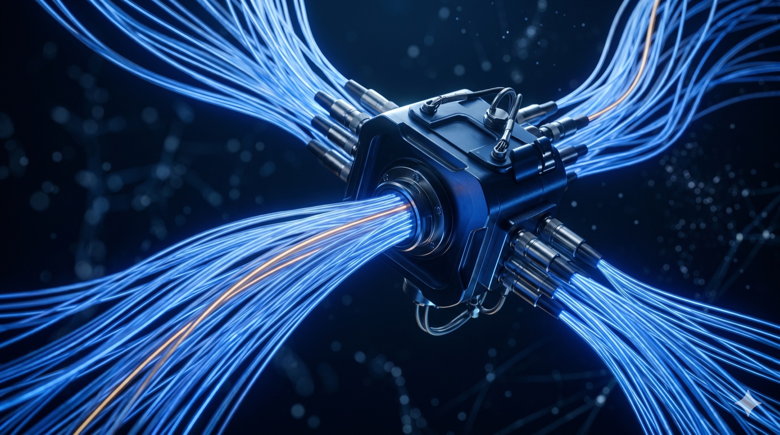 Glowing fiber optic cables converging into a central network hub